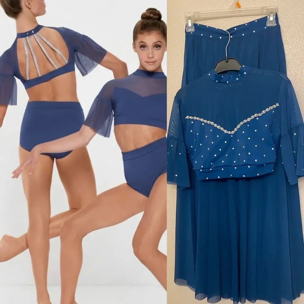 Kelle dance solo costume dark blue 2 piece 2972 butterflies illusion MA adult
